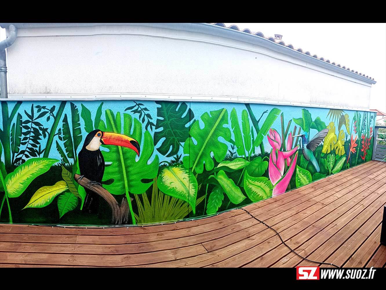 Suoz-Fresque-tropicale-Jungle-Toucan-colibri-peinture-vegetal-trompe-loeil-la-rochelle