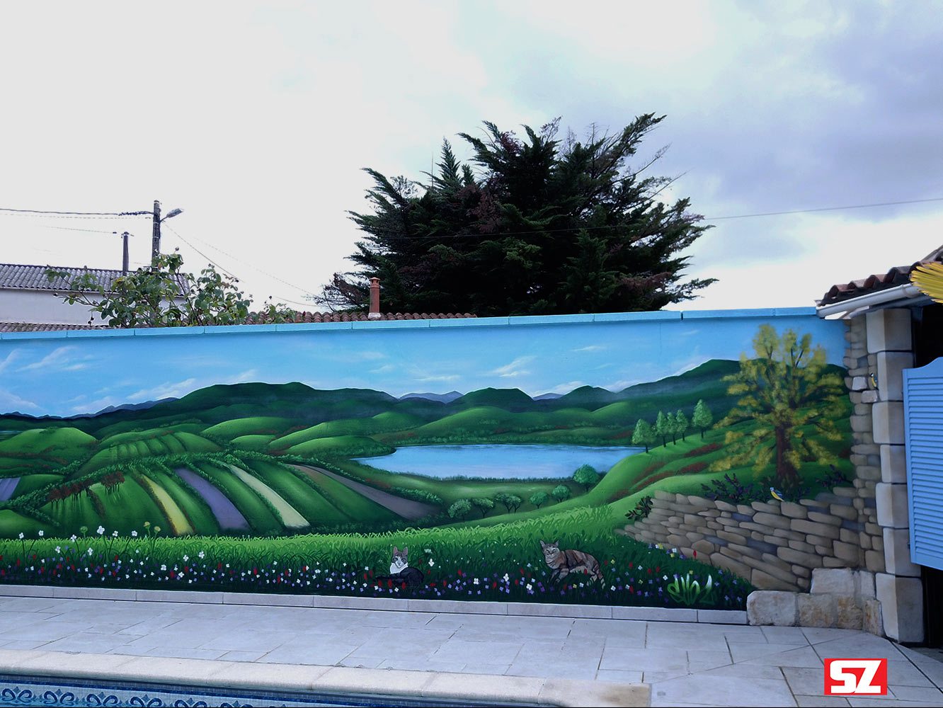 Graffiti-peinture-Suoz-decoration-chat-oiseaux-nature-paysage-Saintes-Customsz-la-rochelle-france-street-art