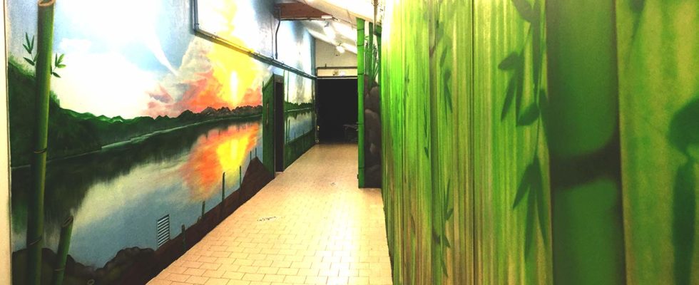 Décoration Graffiti professionnel, Chez Mylene à Rochefort (Poitou-Charentes) trompe l'oeil décor bambou et coucher de soleil - artiste SUOZ - CUSTOMSZ