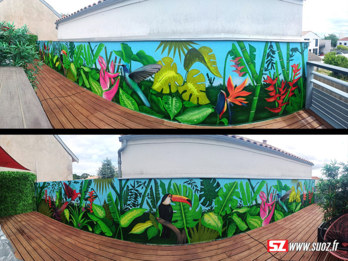 Fresque forêt tropicale, perroquet, toucan, colibri, graffiti artiste Suoz, graffeur professionnel
