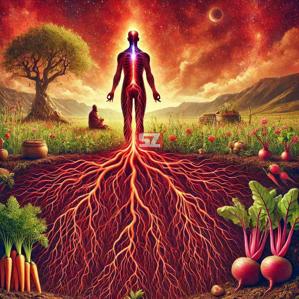 L'image représente l'ancrage et la racine du chakra Muladhara, avec des éléments comme des racines s'enfonçant dans la terre, la couleur rouge, et des symboles de rééquilibrage comme des mains en position de méditation ou des plantes enracinées. Elle illustre l'ancrage, les racines et les éléments naturels pour favoriser la stabilité et la sécurité.