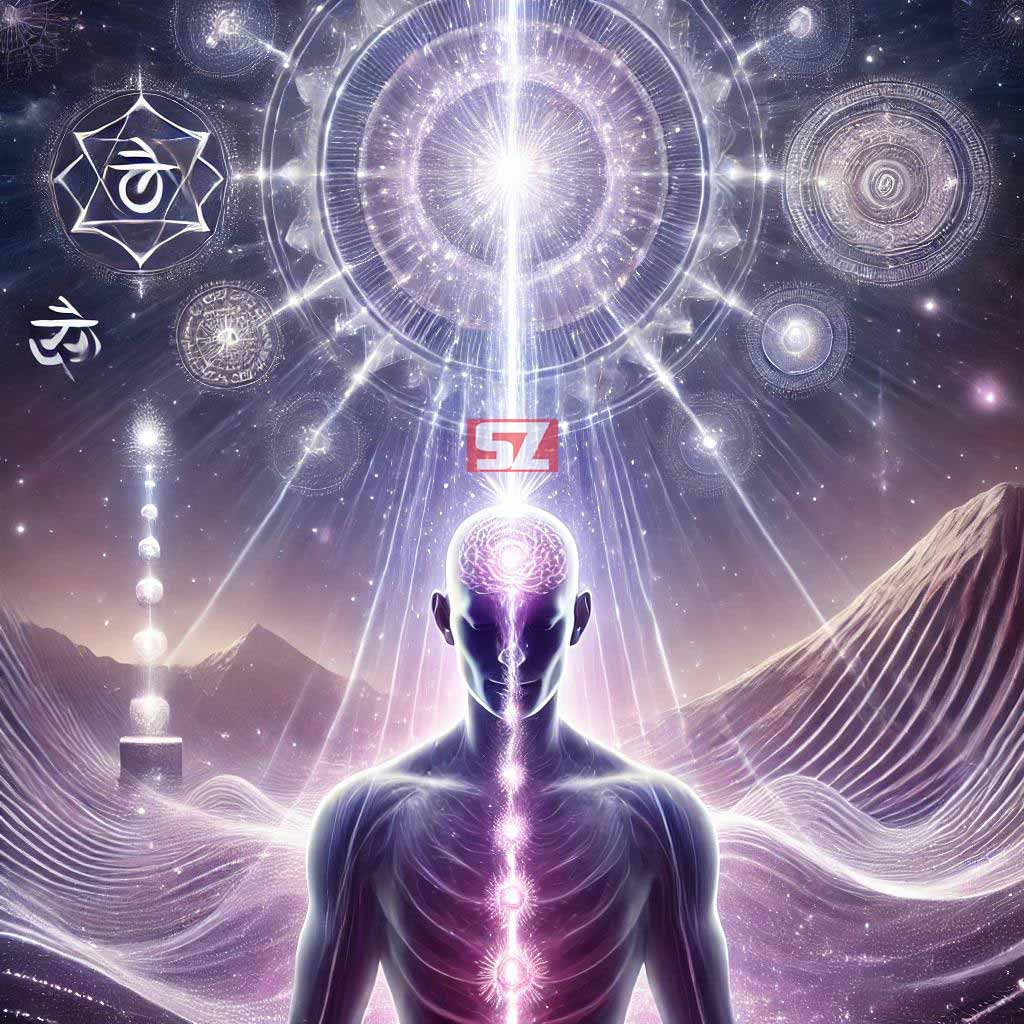 L'image représente le chakra couronne (Sahasrara), avec une lumière violette ou blanche émanant du sommet de la tête. L’image inclut des éléments spirituels, comme une colonne de lumière descendant du cosmos, et des motifs sacrés, pour illustrer la connexion avec l’univers et le rééquilibrage énergétique. L'image Illustre la connexion spirituelle et l'illumination.